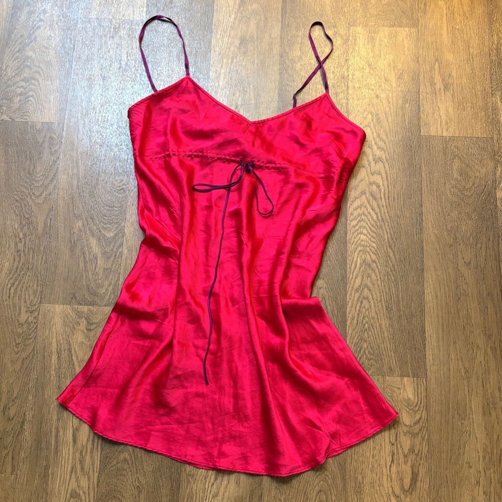 Vintage Y2K August Moon Intimates 100% Silk Bow Front Pink Thin Strap Sleep Top